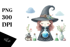 Simple Watercolor Retro Funny Witch PNG Product Image 1