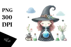 Simple Watercolor Retro Funny Witch PNG Product Image 1