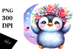 Smiling Baby Penguin with Small Moon PNG Product Image 1