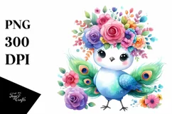 Cartoon-Style Peacock with Flower Crown Sublimation Clipart Product Image 1