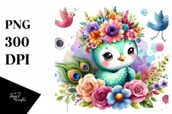 Cartoon-Style Peacock with Flower Crown Sublimation Clipart Product Image 3