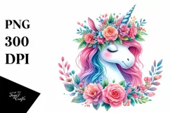 cute Unicorn with Floral Wreath PNG Product Image 1