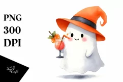 Cute Ghost with Orange Hat and Cocktail PNG Product Image 1