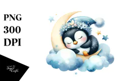 Whimsical Baby Penguin Sleeping on a Moon, PNG Product Image 1