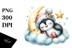 Adorned Baby Penguin Sleeping on Moon, PNG Product Image 1
