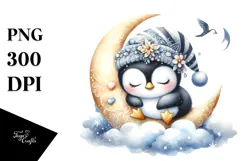 Adorned Baby Penguin Sleeping on Moon, PNG Product Image 1