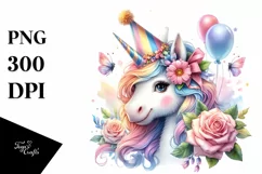 Colorful Unicorn with Birthday Hat, PNG Product Image 3