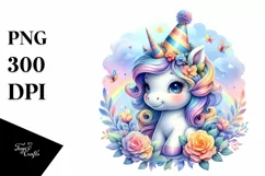 Colorful Unicorn with Birthday Hat, PNG Product Image 3