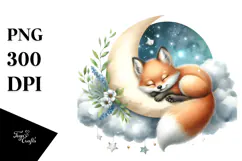 Whimsical Fox Sleeping on Moon, Watercolor PNG Product Image 1