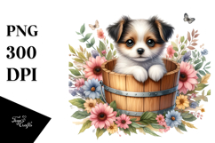 Watercolor Cute Baby Dog in Flower Bucket PNG Product Image 1