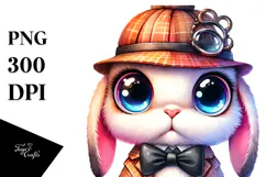 Crazy Eyes Rabbit with Detective Hat, Watercolor PNG Product Image 1