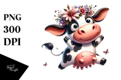 Ridiculously Cute Cartoon Cow with Flower Crown PNG Product Image 1