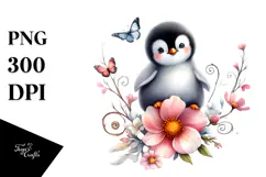 Penguin on Spring Flower, Watercolor PNG Product Image 1