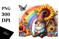 Gnome House with Sunflower, Rainbow and Flowers, Watercolor Product Image 1
