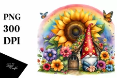 Gnome House with Sunflower, Rainbow and Flowers, Watercolor Product Image 1