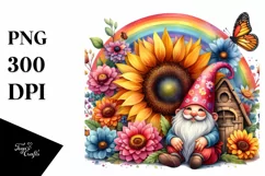 Gnome House with Sunflower, Rainbow and Flowers, Watercolor Product Image 1