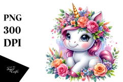 Adorable Baby Unicorn with Floral Wreath, Lovely PNG Product Image 1