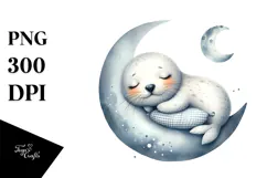 Whimsical Baby Seal Sleeping on Moon Clipart Product Image 1