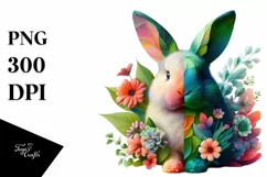 Abstract Bunny with Plant Leaves and 3D Flowers PNG Product Image 3