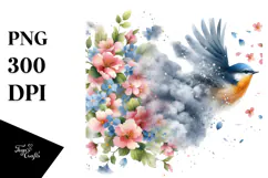Watercolor Bird in Blue Cloud PNG Product Image 1