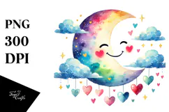 Colorful Smiling Moon with Hearts PNG Product Image 1