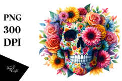 Colorful Skull and Flower Watercolor PNG Product Image 1