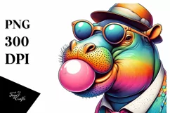 Hippo Portrait with Sunglasses Hat, Watercolor Style, Product Image 3