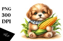Baby Puppy Holding Corncob, Watercolor Style, Clipart Product Image 3