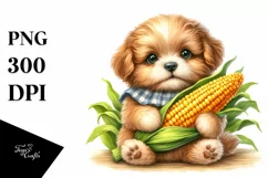 Baby Puppy Holding Corncob, Watercolor Style, Clipart Product Image 3