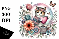 Colorful Cat Holding Heart PNG Product Image 1