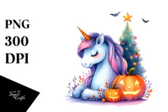 Simple Watercolor Unicorn with Halloween Scenery PNG Product Image 1