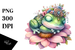 Adorned Baby Frog Sleeping on Flower, PNG Product Image 1