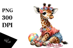 Adorned Giraffe in Beachwear, Digital Watercolor PNG Product Image 1