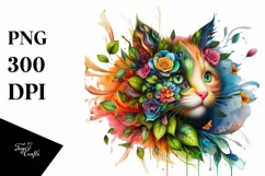 Abstract Kitten with Plant Leaves and 3D Flowers PNG Product Image 1