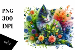 Abstract Kitten with Plant Leaves and 3D Flowers PNG Product Image 1