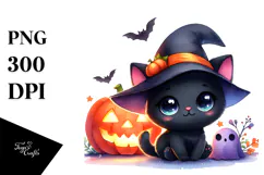 Simple Watercolor Halloween Baby Black Cat with Scenery PNG Product Image 1