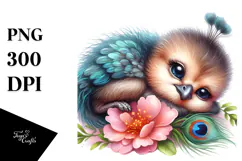 Digital Watercolor Cute Baby Peacock PNG Product Image 1