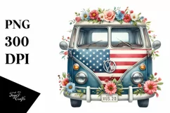 Watercolor Vintage Van USA Flag Colors Product Image 1