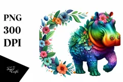 Abstract Hippo with Plant Leaves and 3D Flowers PNG Product Image 1