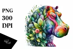 Abstract Hippo with Plant Leaves and 3D Flowers PNG Product Image 1
