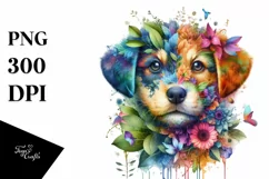 Abstract Puppy with Plant Leaves and 3D Flowers PNG Product Image 1