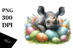 Rhino in Grass with Easter Eggs, Digital Watercolor PNG Product Image 1