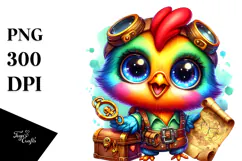 Crazy Eyes Rooster with Treasure Map, Watercolor PNG Product Image 1