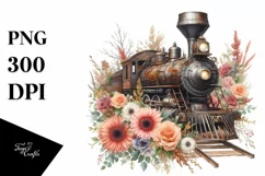 Watercolor Vintage Rusty Train with Flowers | Clipart Product Image 3
