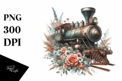 Watercolor Vintage Rusty Train with Flowers | Clipart Product Image 1