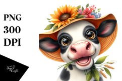 Cow Watercolor Cow Portrait with Sun Hat and Enthusiastic Product Image 3