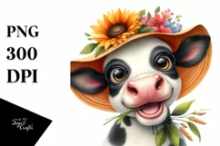 Cow Watercolor Cow Portrait with Sun Hat and Enthusiastic Product Image 3