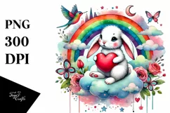 Colorful Rabbit Heart Sitting on Cloud, PNG Product Image 1