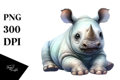 Cute Rhino with Big Eyes, Digital Watercolor PNG Product Image 1