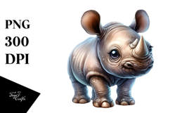 Cute Rhino with Big Eyes, Digital Watercolor PNG Product Image 1
